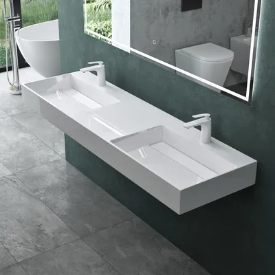 Produktbild von Mai & Mai Aufsatzwaschbecken Doppel-Waschbecken mit 2 Armaturenlöcher Hängewaschbecken 160x48x13cm in weiß aus Mineralguss ohne Überlauf Col12