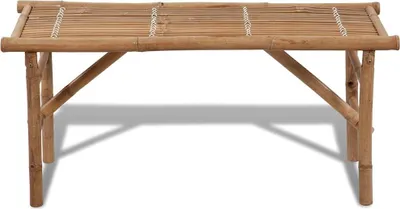 A simple, front-facing shot of a bamboo garden bench on a white background.