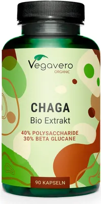 Produktbild von Vegavero Chaga  Extrakt | 40% Polysaccharide und 30% Beta-Glucane | 90 Kapseln | vegan