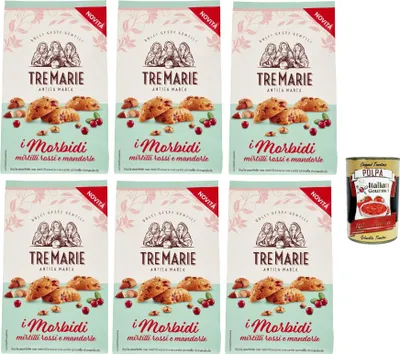Produktbild von Tre marie i morbidi, biscotti con mirtilli rossi e mandorle, rote Beere und Mandel biscuits Kekse 6x 300 g + Italian Gourmet polpa 400g