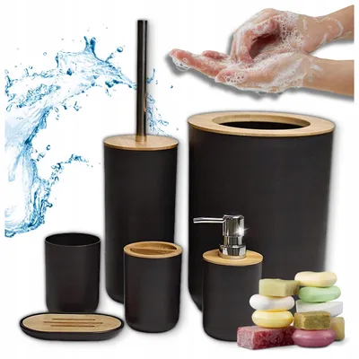 Image de Ensemble de salle de bain 6 en 1, noir, comprenant un panier en bambou, des distributeurs de savon et un porte-savon