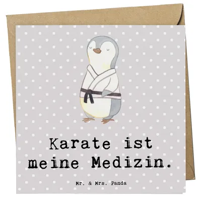 Produktbild von Mr. & Mrs. Panda Glückwunschkarte Pinguin Karate - Grau Pastell - Geschenk, Selbstverteidigung, faltkarte, Klappkarte, Kampfsportart, doppelkarte, Grußkarte, Verein
