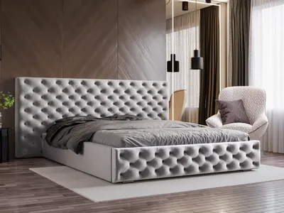 Obrázek produktu pro Postel GRAINGOLD Chesterfield 180x200 Madera - Stylové masivní čelo - Čalouněná postel s roštem a podnožkou - Elegantní postel - Světle šedá (Amor velvet 4318)