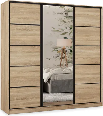 Produktbild von Masseno Schiebetürenschrank PINA 180/205/58 cm Kleiderschrank mit 4 Schubladen Schlafzimmer Schrank 3-türig mit Spiegel Sonoma Eiche