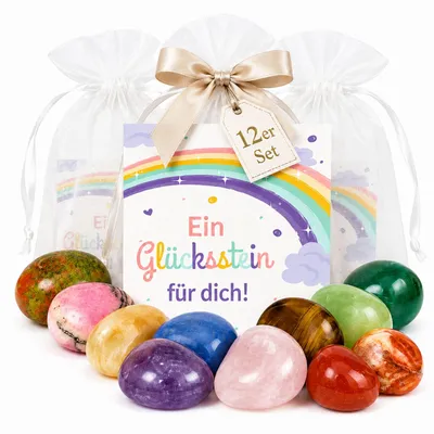 Produktbild von MilaBoo Glückssteine im 12er-Set mit Karte – Kleine Edelsteine als Geschenk, Mitbringsel und liebevoller Mutmacher