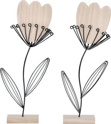 Produktbild von 2er Set Deko Aufsteller Blume Metall Holz Schwarz Natur Draht Deko Tischdeko Tulpe Frühling Figur Wohndeko
