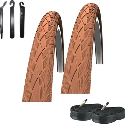 Image de 2 x Schwalbe Road Cruiser Braun Reflex Couverture de pneus vélo 42-622 (28 x 1.60) + 2 chambres à air Schwalbe DV17, y compris 3 démonte-pneus
