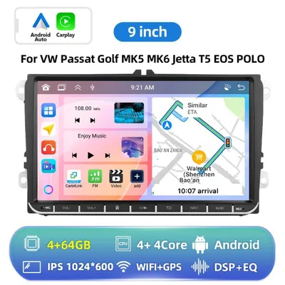 Immagine prodotto di Autoradio Android per VW Golf 5/6, Passat, Jetta, T5, Polo, Touran, Seat, Skoda - 2-DIN - Touchscreen da 23 cm - Processore octa-core - 4 GB di RAM + 64 GB di ROM - GPS - 1024×600 - Giallo