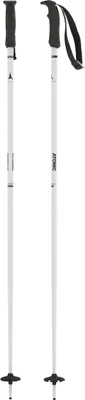 A pair of white ski poles with black grips and straps, presented against a white background.