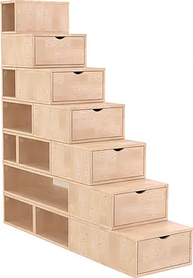 A modular wooden shelving unit designed to resemble stairs.