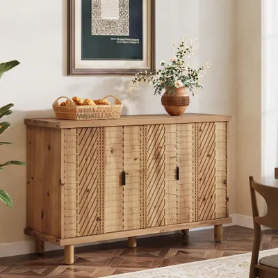 Produktbild von Buffet-Schrank aus Massivholz mit Stauraum, Sideboard im Landhausstil mit 3 Türen und 2 verstellbaren Einlegeböden, für Küche und Eingangsbereich