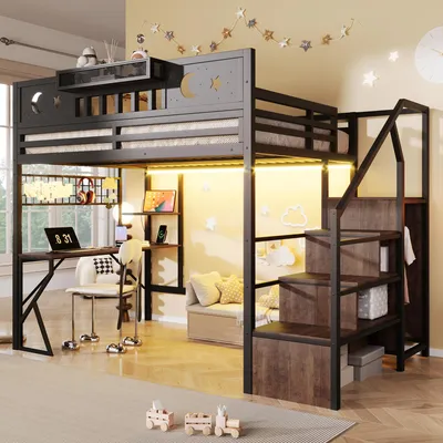 Produktbild von Merax Etagenbett Hochbett 140x200 cm mit Schreibtisch, LED-Beleuchtung, USB-Anschluss, Lochwand, Kinderbett Metallbett, Stockbett, Jugendbett, Schwarz