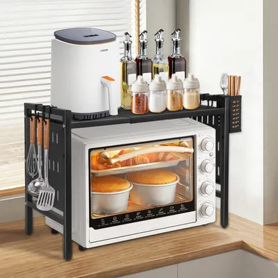 Image de Étagère pour micro-ondes Organisateur de cuisine avec 6 crochets suspendus Support pour micro-ondes Noir