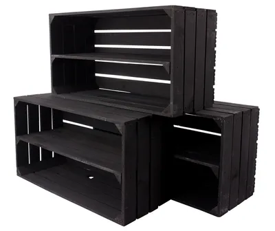 Produktbild von 3er Set große neue schwarze Obstkiste/Weinkiste mit 2 Fächern 75cm x 40cm x 31cm Schuhregal Holzregal Bank Garderobe Kiste Box Holzkisten Regalsystem klassisch