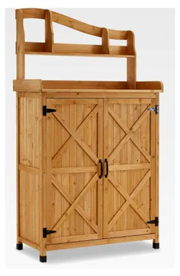 Produktbild von Wetterfester Holz Pflanztisch für den Außenbereich, Gärtnertisch mit Arbeitsplatte für Garten, Balkon und Terrasse