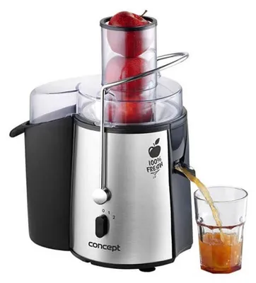 A juicer is shown with apples in the chute and juice being poured into a glass.