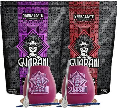 Zdjęcie produktu dla Guarani – zestaw do herbaty mate Maracuya, Energia 2x500 g – ceramiczny kubek do mate w kolorze fioletowym 350 ml – bombilla – smak dymny, dużo pyłu – yerba mate – Paragwaj