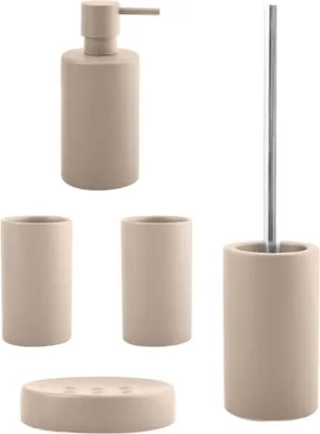 Produktbild von spirella Badezimmer Set, 5-teiliges Badzubehör aus Keramik Tube, Seifenspender, WC Bürste, Seifenschale und 2x Zahnputzbecher Taupe matt