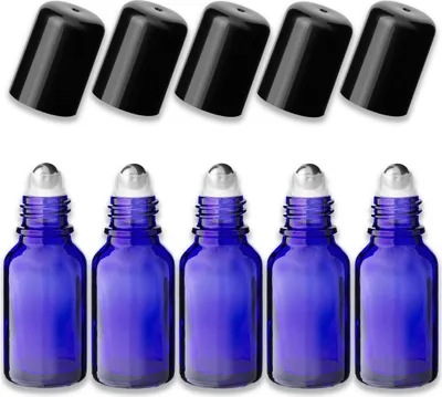 Produktbild von 5x Blaue Glasflasche 15 ml Roll-On mit schwarzem Schraubverschluss Set