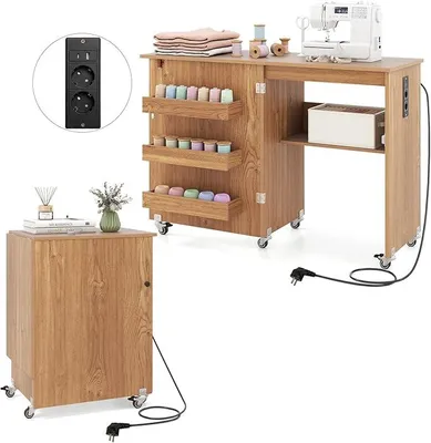 Image de Table de chevet avec station de charge, table à coudre pliante, armoire de couture sur roulettes, meuble de rangement en bois pour machine à coudre, table de couture pour machine à coudre, table multifonctionnelle 116 x 41 x 78 cm (noyer)