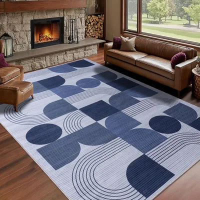 Image de Tapis de 140 x 200 cm, bleu, à poils courts, en laine, pour salon