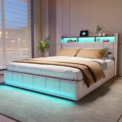 Zdjęcie produktu dla Łóżko dwuosobowe, tapicerowane, wymiar 160x200 cm, kolor beżowy, obita tkaniną, z 4 szufladami i oświetleniem LED