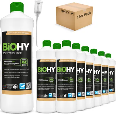 Produktbild von BiOHY Spezial Polsterreiniger (12x1l Flasche) + Dosierer | Ideal für Autositze, Sofas, Matratzen etc. | Ebenfalls für Waschsauger geeignet