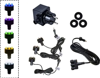 Zdjęcie produktu dla Köhko zestaw oświetlenia do fontanny: 3x pierścień LED fioletowy, przewód zasilający, transformator 12V, idealny do oczek wodnych i źródełek.