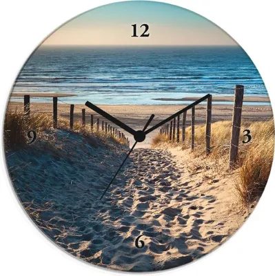Produktbild von ARTland Glas Wanduhr Funkuhr - schwarzer Zeiger Weg zum Nordseestrand Sonnenuntergang Größe: 30x30 cm
