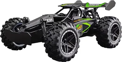 A remote-controlled off-road vehicle with large tires and a spoiler, presented against a white background.