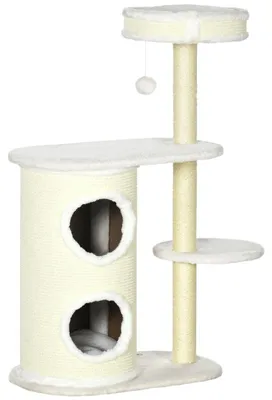 Obrázek produktu pro Kočičí škrábací strom s domečkem a hračkami | Barva: Krémová bílá | Rozměry: 35x59x100 cm