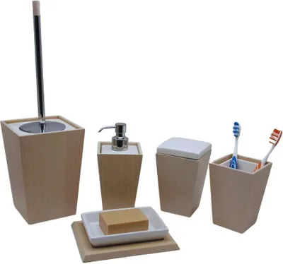 Produktbild von 5tlg Set Bad Accessoires WC Bürste Seifenspender Zahnbürstenhalter Seifenschale Dose Kyoto Esche