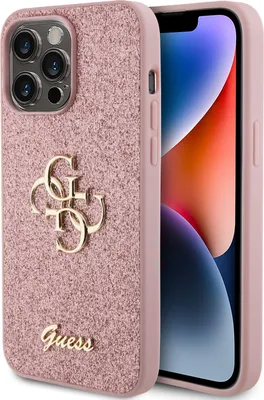 A pink glitter phone case with the Guess logo and script is shown next to an iPhone.