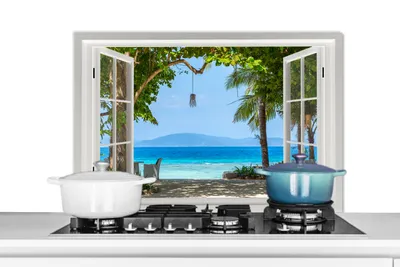 Produktbild von MuchoWow® Splashback kuchyňa - kuchynský backsplash - ochrana steny pre sporák a drez - pohľad - strom - more - palma - kopec - pláž - modrá 80x55 - alu dibond (alternatíva k sklenenému splashbacku) - tepelne odolný - splashback sporák - ochrana dlaždíc - odolný voči teplote - kryt sporáka - ochrana steny pre sporák a drez