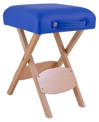 Image de QUIRUMED : Tabouret pliant en bois avec assise, rembourssé en bleu, polyvalent et adaptable à différents usages
