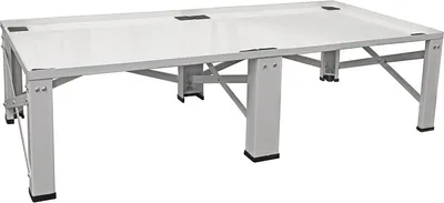 A white metal washing machine stand with black feet, shown from a side angle against a white background.