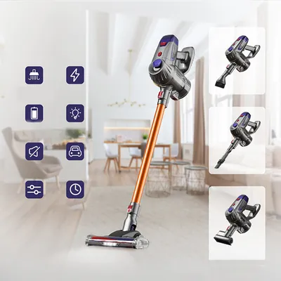 A vacuum cleaner with various icons and inset images of the product.