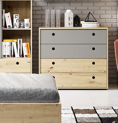 Productafbeelding van Commode, opbergkast, slaapkamer, 90 cm, bernsteinkleurig eikenhout, platingrijs, modern