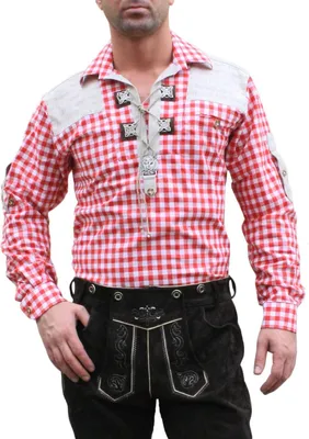Produktbild von German Wear, Trachtenhemd für Trachten Lederhosen mit Verzierung rot/kariert, Größe:S