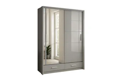 Produktbild von Schiebetürenschrank 153cm mit Spiegel, Hochglanz-Fronten, LED-Beleuchtung und Schubladen, Grau + Grauglanz