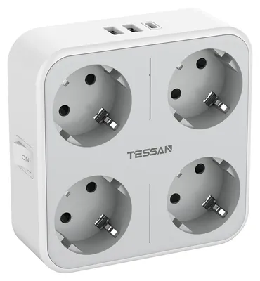 7-in-1 Mehrfachsteckdose, 4 Schuko, 3 USB, 4000 W, 45°-Winkel, Grau