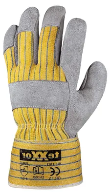 Produktbild von 120 Paar Handschuhe aus Rindkernspaltleder EIFEL 120 x Leder natur/Drell gelb-blau 10