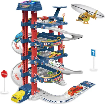 A toy parking garage playset with cars and a helicopter.