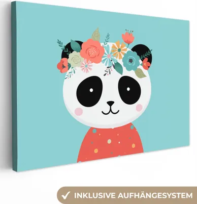 Produktbild von OneMillionCanvasses® - Leinwandbilder - 140x90 cm, Panda - Blumengirlande - Blau, Wandbilder Kunstdruck Wanddekoration