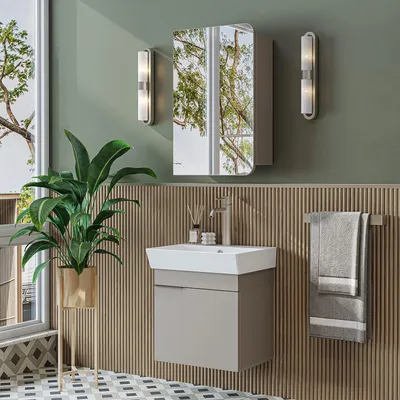 Produktbild von Skye Decor, Moderne Badezimmermöbel Set (2 Teile) mit Waschbecken & Spiegel, Sandstein