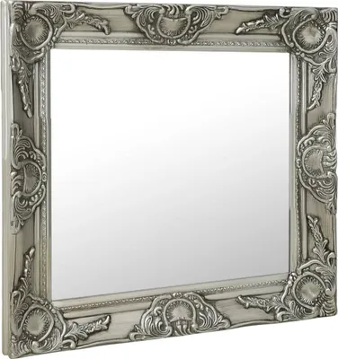 A rectangular mirror with an ornate, baroque-style frame, shown at a slight angle against a white background.