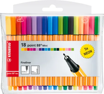 Produktbild von STABILO Fineliner -  point 88 Mini - 18er Pack - 18 verschiedene Farben inkl. 5 Neonfar…