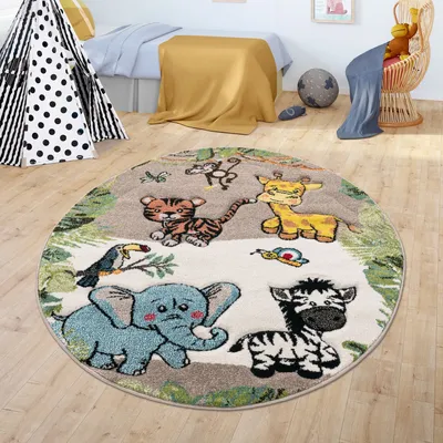 Produktbild von TT Home Kinderzimmer Teppich Dschungel Zoo Tiere Zebra Tiger Löwe Affe Beige Creme Größe 120 cm Rund