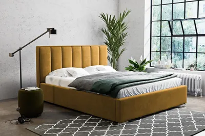 Produktbild von Polsterbett Cinco, Bett mit vertikalen Paneelen, velour Doppelbett mit Metallrahmen (Stoff: kronos 01 - senfgelb, Große: 180x200 cm)