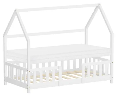 Produktbild von ML-Design Kinderbett 80x160cm mit Matratze Rausfallschutz Dach & Lattenrost Weiß Montessori Bodenbett aus Kiefernholz Hausbett für Mädchen & Jungen